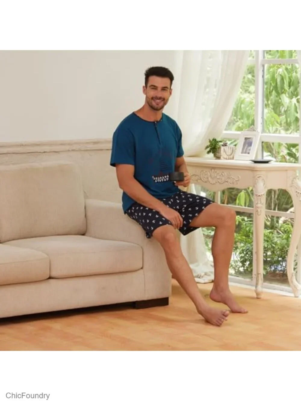 Mens Cotton Henley Pajama Set Short Sleeve T-Shirt & Shorts Sleepwear
